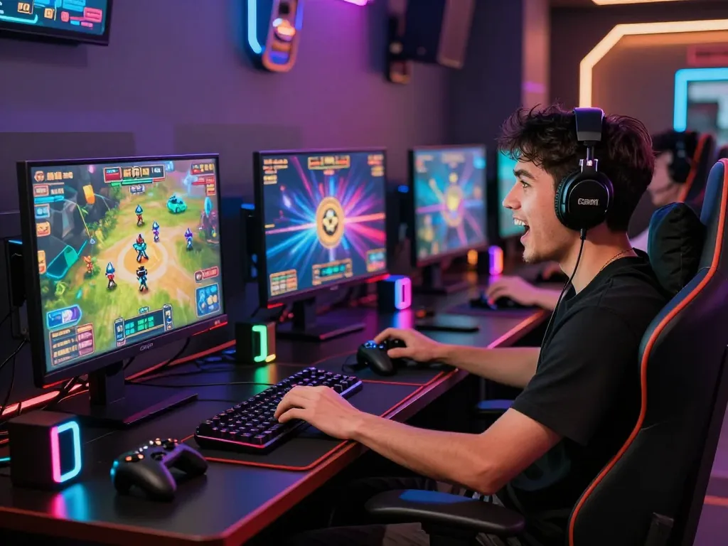Excited player engaging with hitclub online games in a vibrant gaming setup with colorful LEDs.