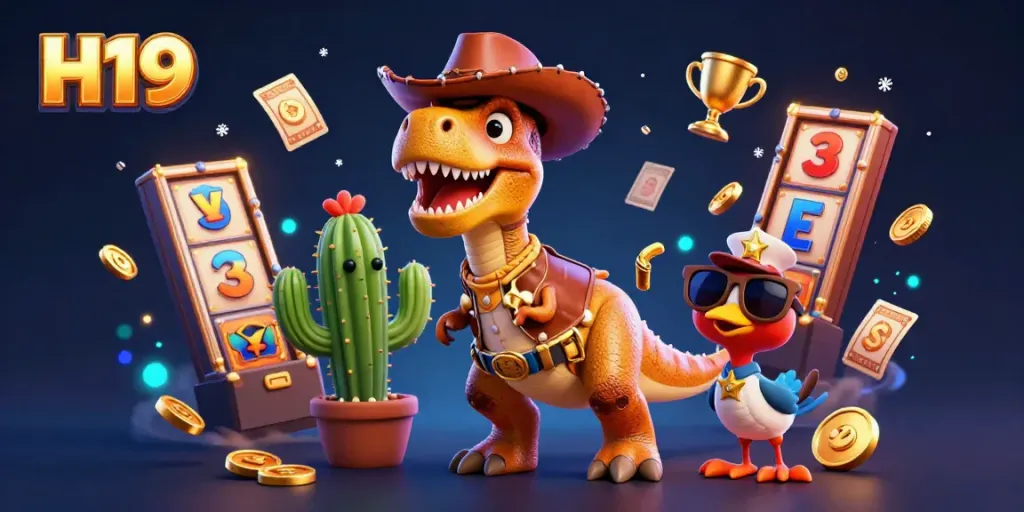 Engage with H19's thrilling slots as T-Rex cowboy spins vibrant jackpots and treasures.