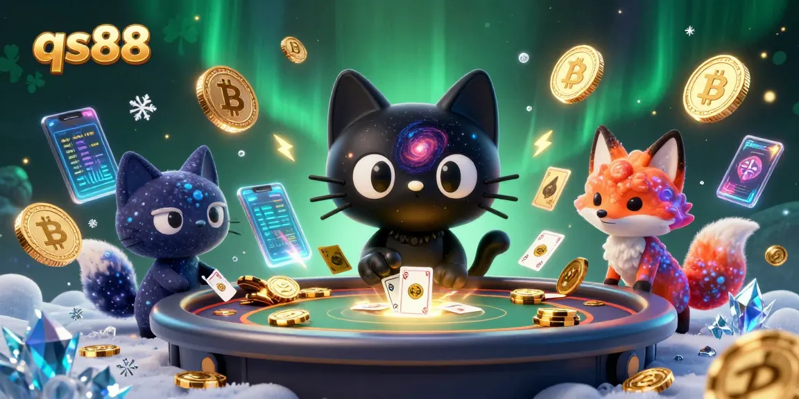 Experience thrill at qs88 casino with vibrant 3D illustration of a black hole cat and nebula fox.