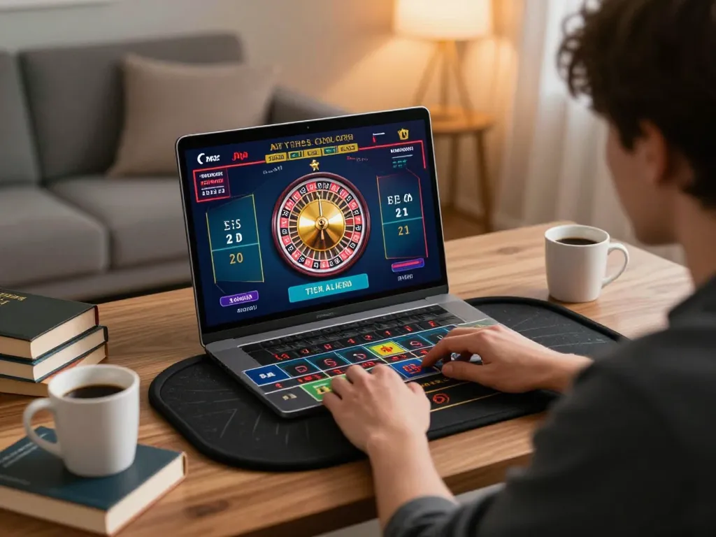 Player engaging in live dealer roulette game on alo8 from a cozy home setting with strategic focus