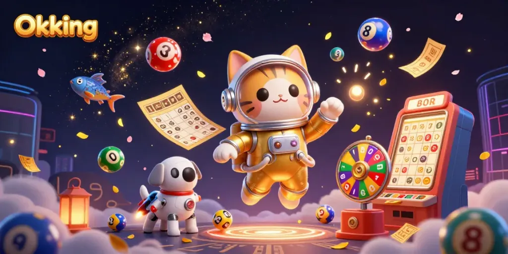 Experience thrilling wins at Okking with a vibrant 3D illustration of casino elements and characters.