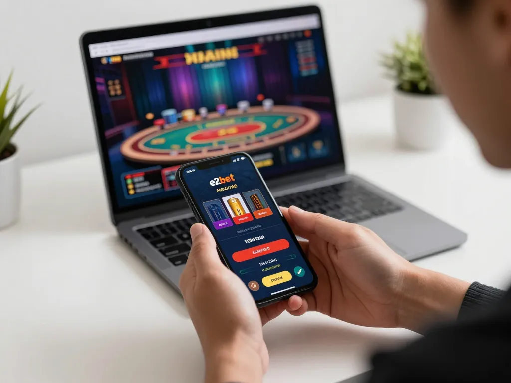 E2BET chính chủ casino app displayed on smartphone during an online gambling session.