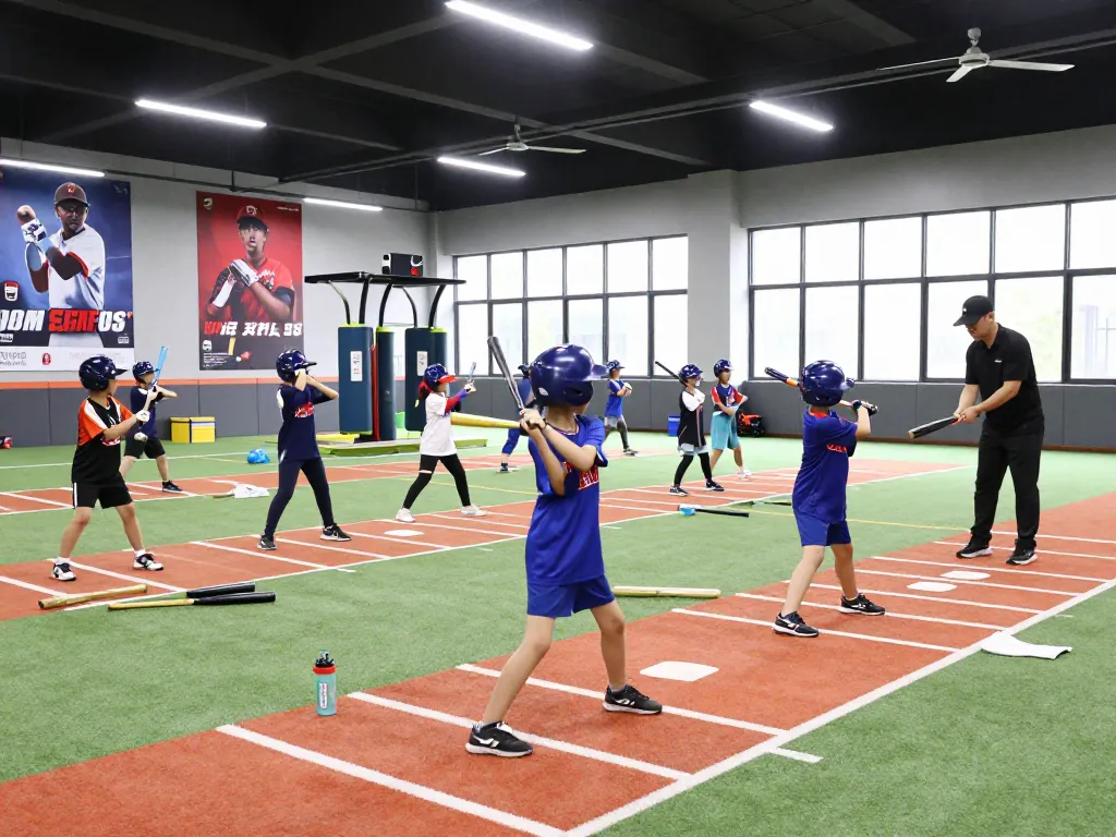 Hitclub athletes practicing batting techniques in a modern indoor training facility.