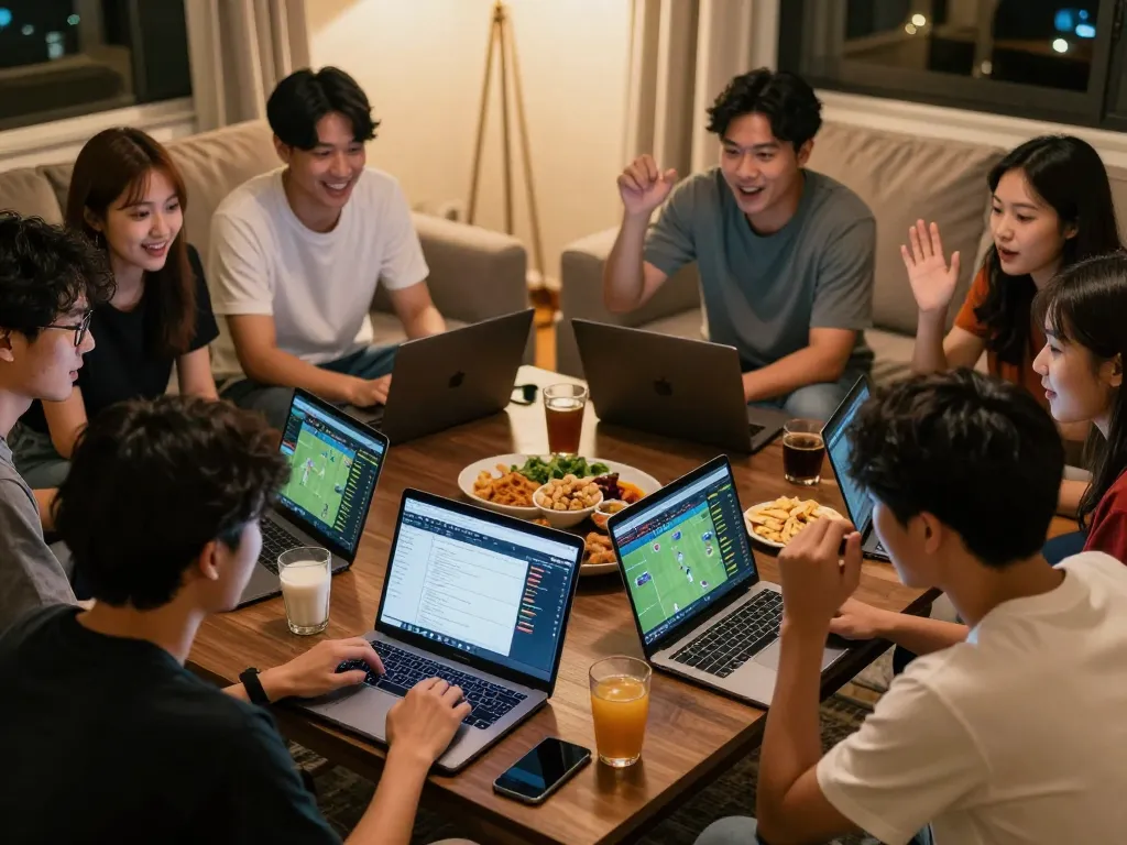 Xoilac sports betting night with friends engaging and strategizing in a lively home setting