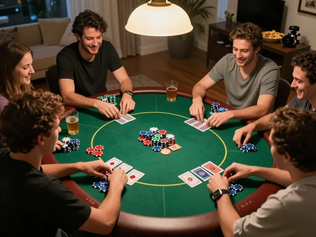 Friends enjoying a lively poker night at home, emphasizing strategic gameplay with GG88.