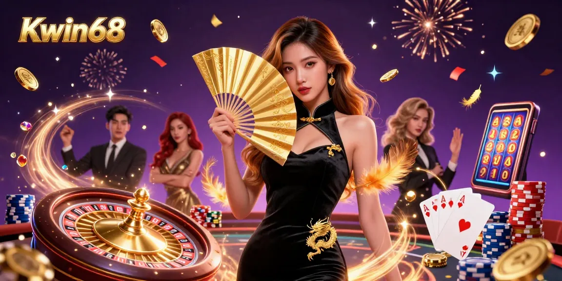 Kwin68 invites players to join a vibrant 3D casino scene featuring luxurious elements like gold coins and roulette wheels.