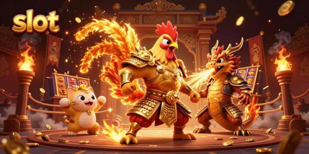 Experience thrilling slot action with a fighting rooster warrior amid fiery casino elements.