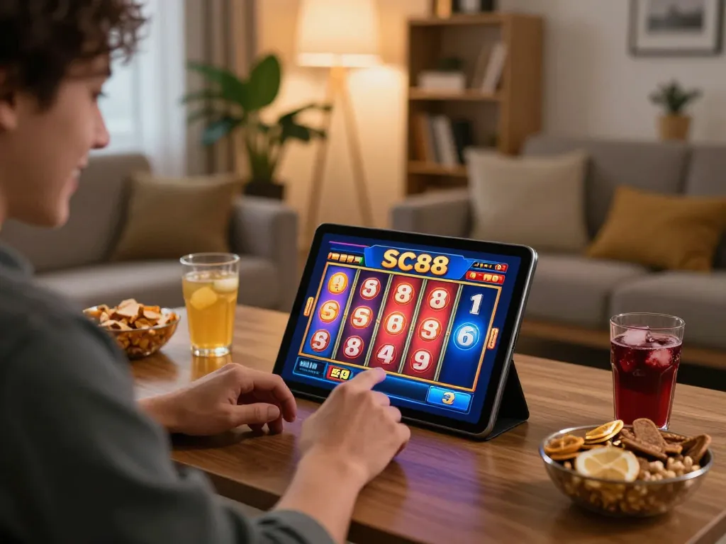 Person enjoying SC88 slots on a tablet with vibrant graphics in a cozy home setting