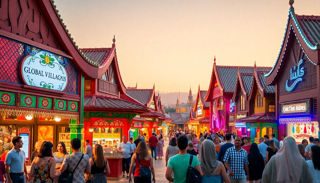 Besucher genießen das bunte Ambiente im Global Village Dubai mit verschiedenen Kulturen.