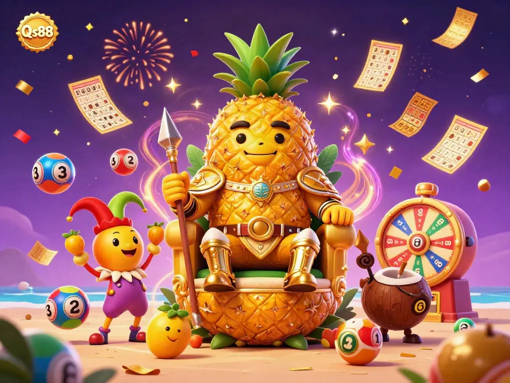 Experience exciting Qs88 gameplay with a vibrant scene featuring a pineapple king, jester, and lottery elements.