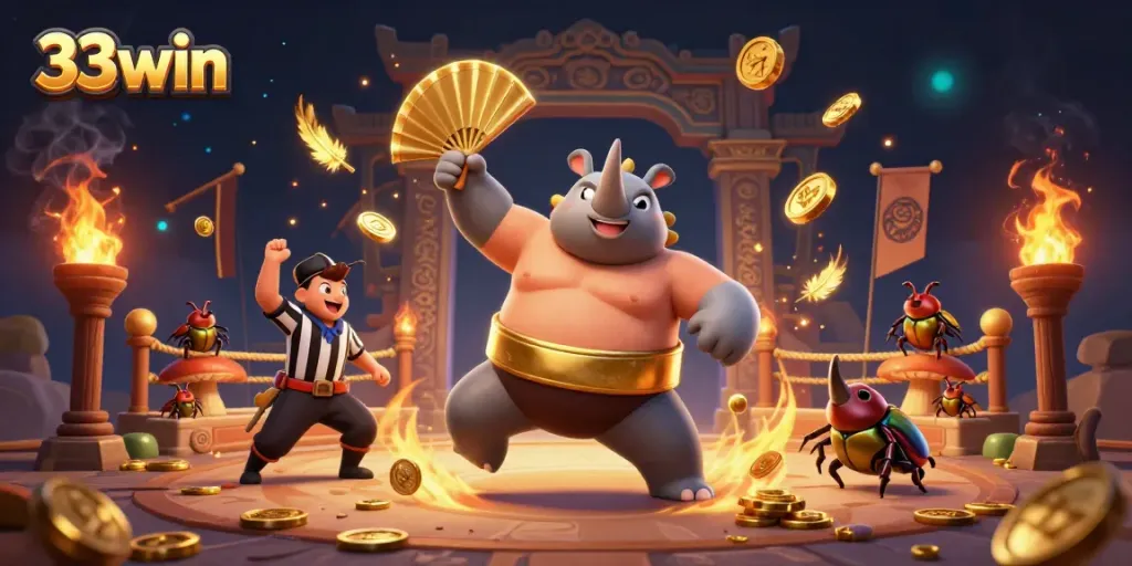 Witness exciting gameplay at 33win featuring a sumo beetle champion and cricket referee in a vibrant casino setting.