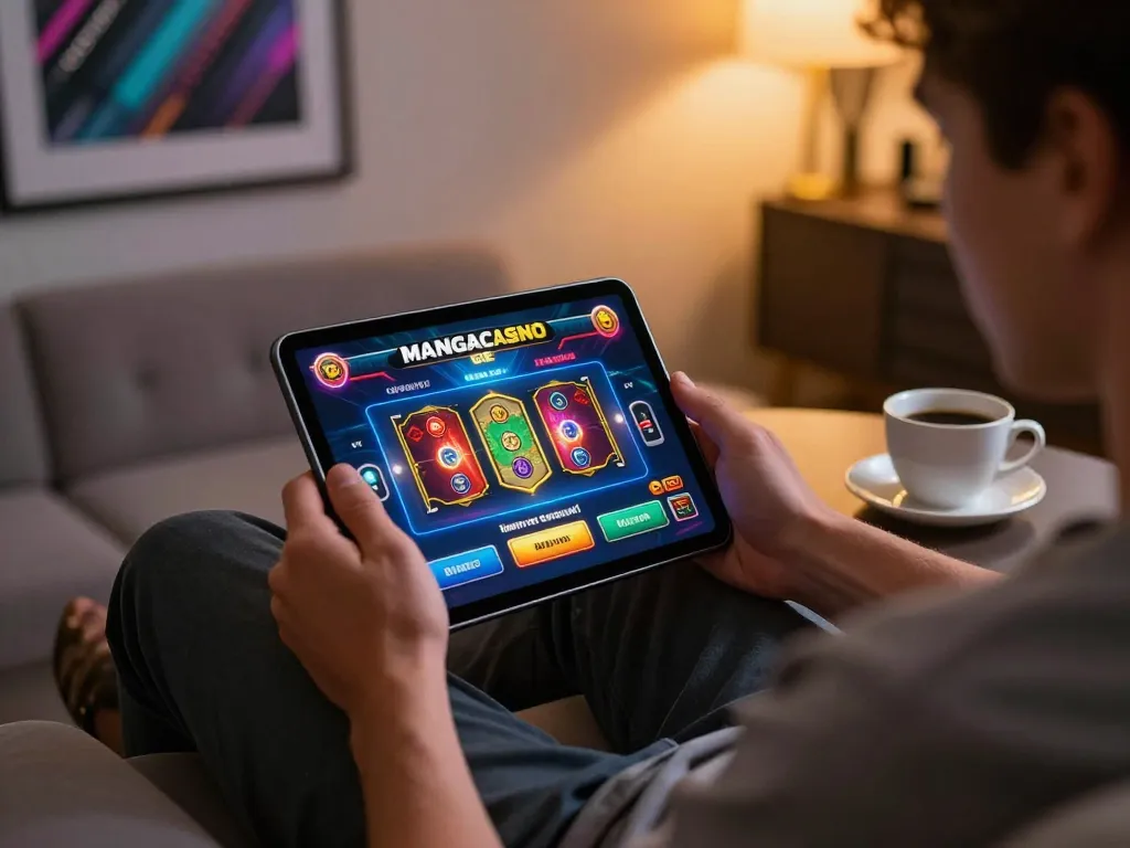 Fesselndes Online-Gaming bei mangacasino-de mit einem Spieler, der gemütlich auf einem Tablet spielt.