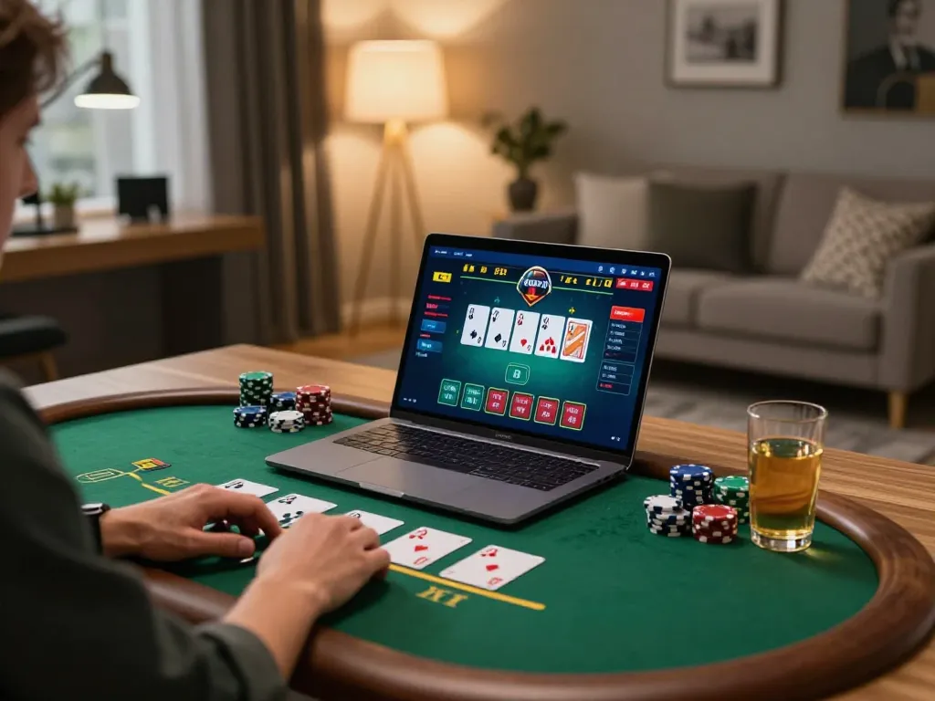 o8net3 player enjoying live dealer blackjack in a stylish home office environment