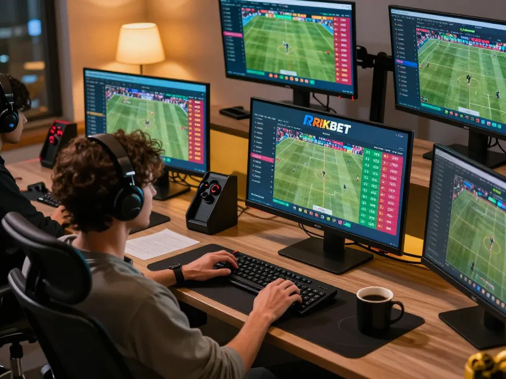 Engaging in live betting at https://rikbet.global/ with multiple screens displaying sports events and betting options in a comfortable home setup.