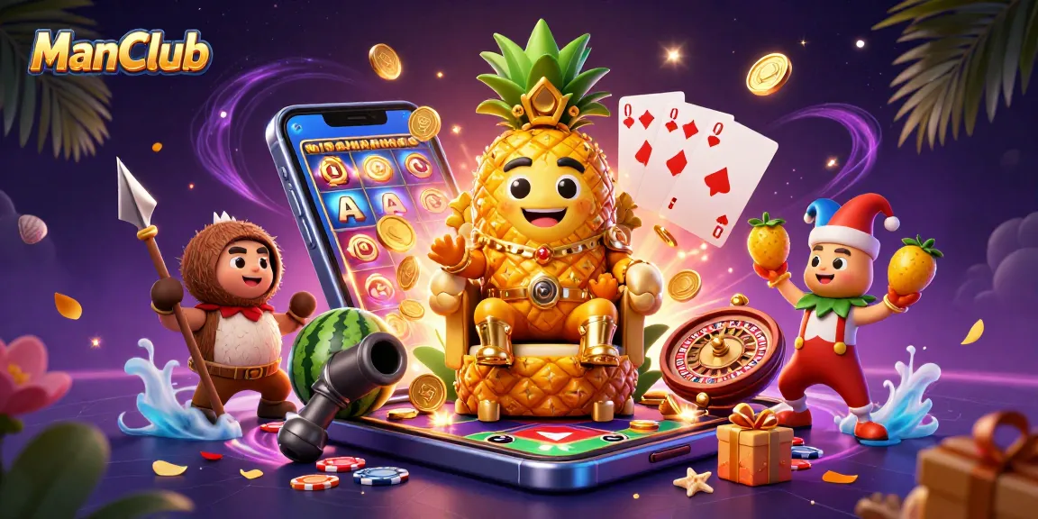 Experience the thrilling games at ManClub with the golden pineapple king presiding over a lively casino scene.
