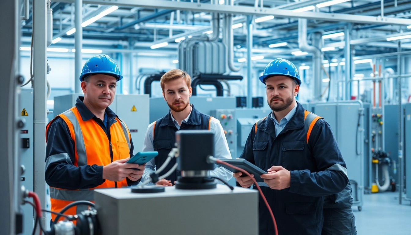 Technicians performing Prüfung ortsfester elektrischer Anlagen in a professional setting.