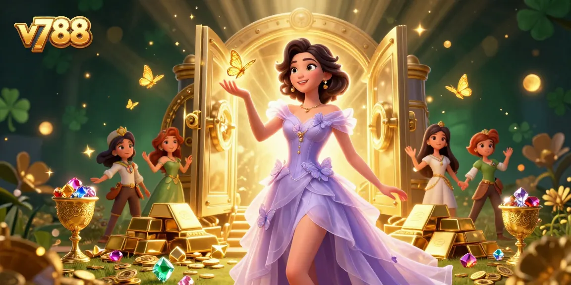 Experience the excitement of v788 with golden treasures and winning odds in a vibrant casino setting.