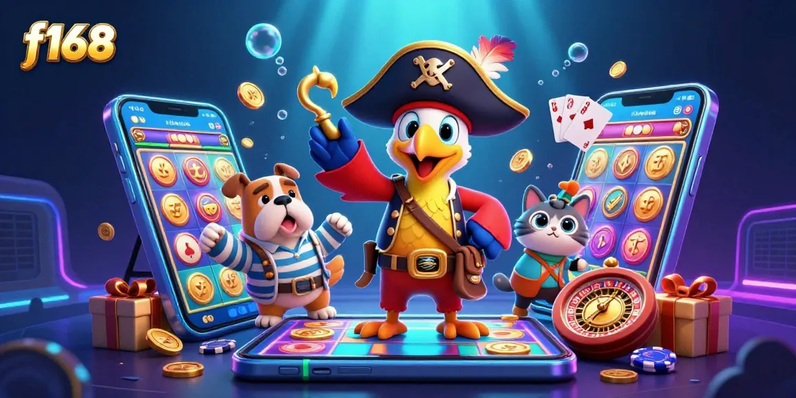Engage with the vibrant world of f168, where a pirate captain orchestrates a colorful slot game experience with gold coins and dynamic game elements.