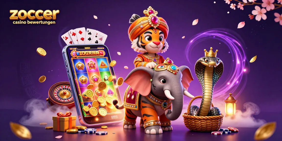 Zoccer Casino Bewertungen - 3D Illustration eines Maharaja Tigers auf einem Elefanten mit Casino-Elementen und goldenen Münzen.