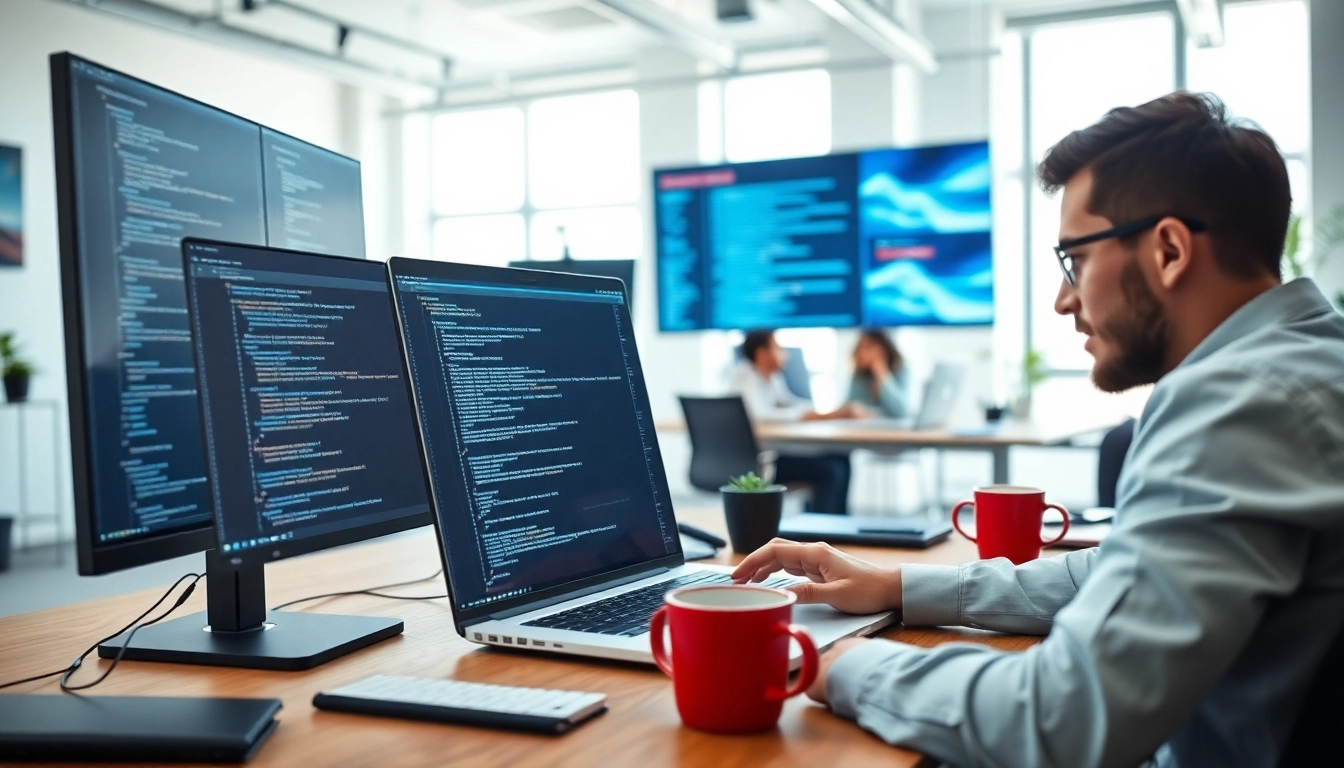 Webentwickler Hannover arbeitet konzentriert an einem modernen Büroarbeitsplatz.