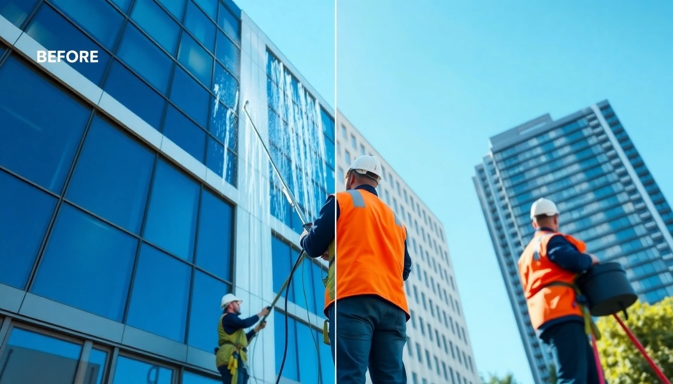 Fassadenreinigung von hochmoderner Gebäudefassade mit professionellem Reinigungsteam.