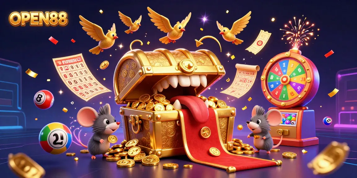 Experience the excitement of OPEN88 with vibrant lottery elements and adventurous animated characters.