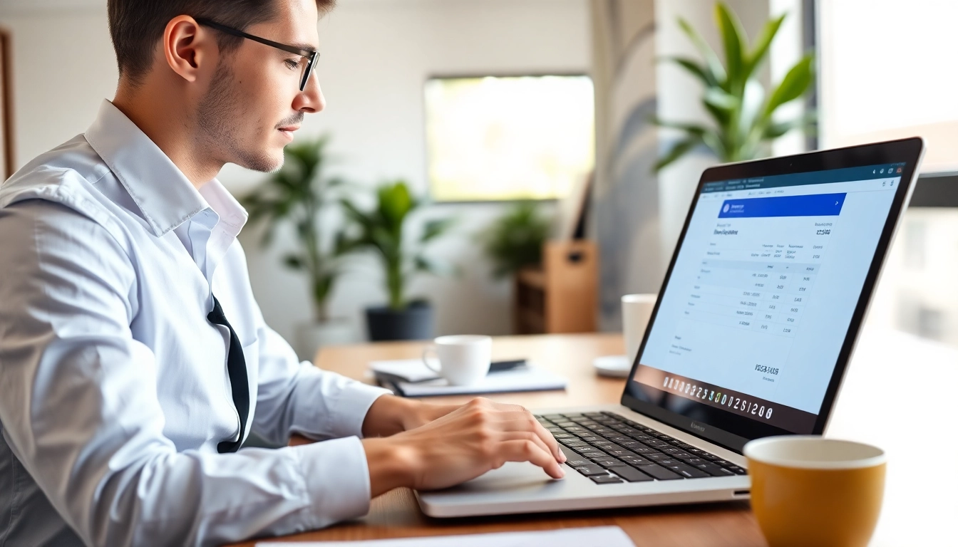 Rechnung erstellen online kostenlos auf einem Laptop in einem modernen Büro.
