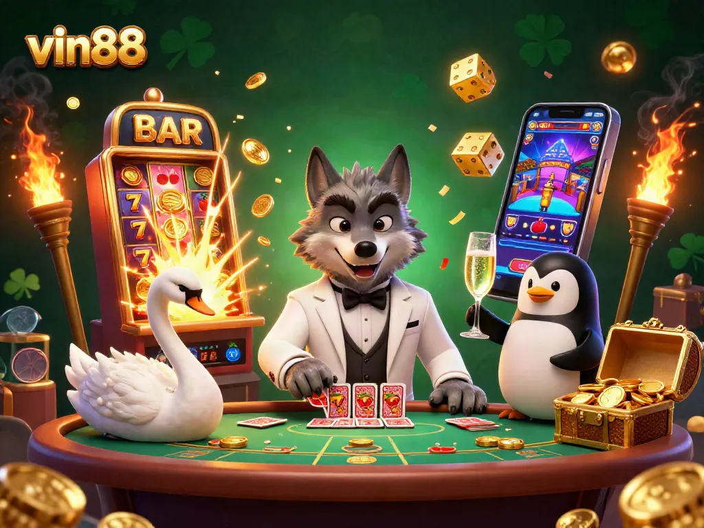 Engage with vin88's vibrant casino scene featuring a debonair wolf, elegant swan, and sophisticated penguin.