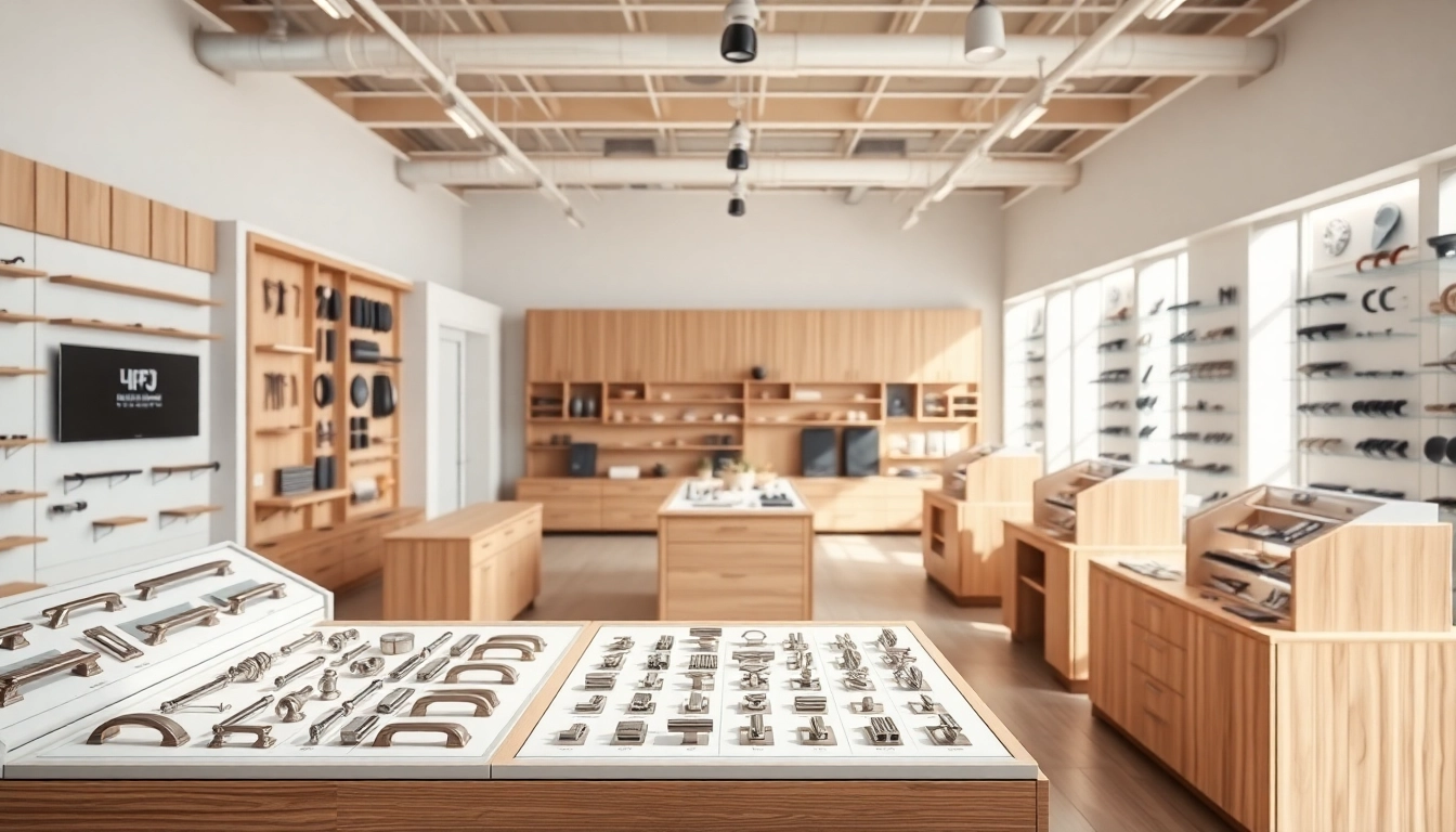 Möbelbeschläge Anbieter zeigt stilvolle Beschläge und moderne Hardware in einem einladenden Showroom.
