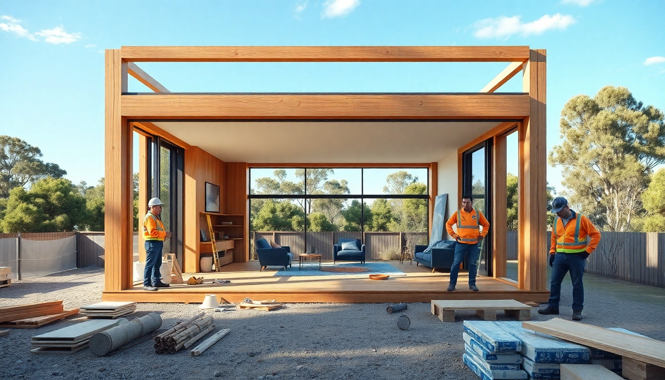 House extension construction in Melbourne featuring builders framing an open-plan living area.