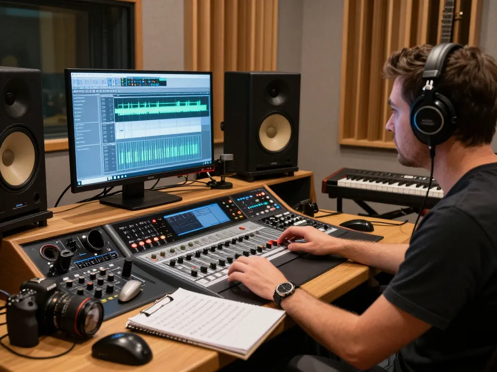 Sound engineer operating DA88 multitrack recorder in a modern audio studio.
