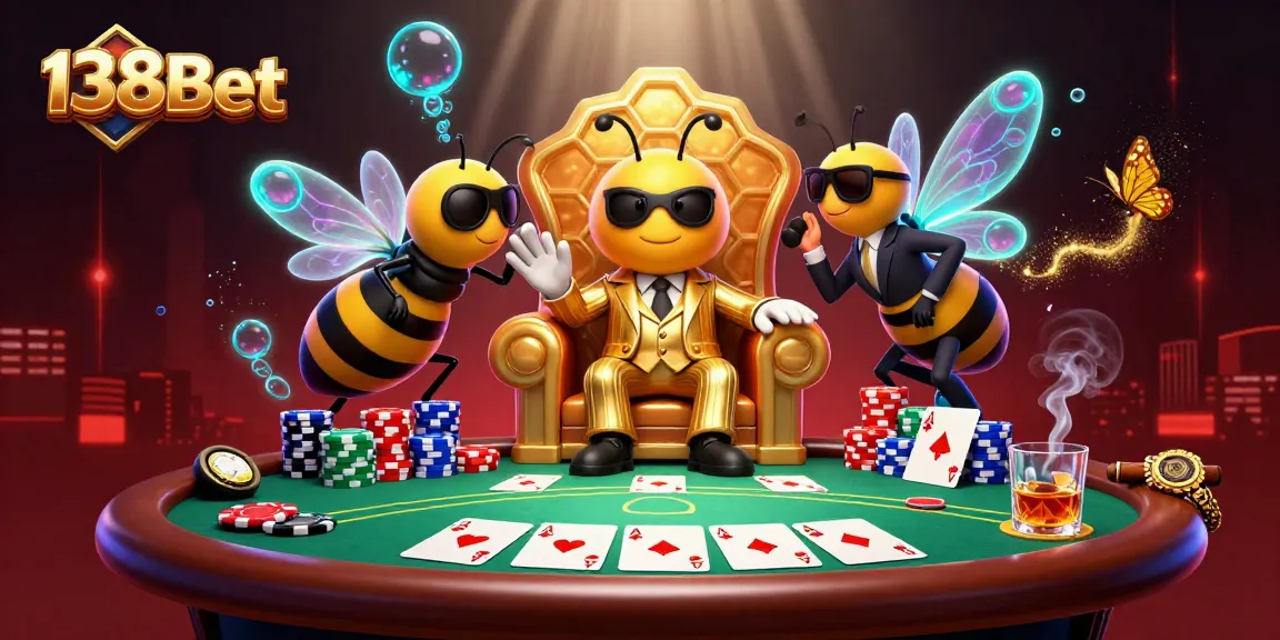Play poker with 138Bet's vibrant casino scene featuring a buzzing bumblebee mob boss.
