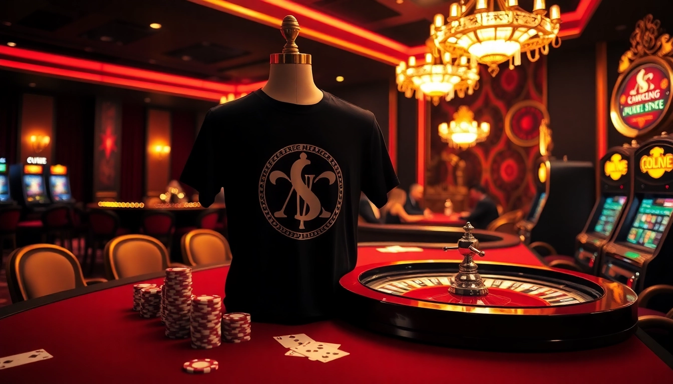 Marškinėliai su logo featured stylishly in an upscale casino environment conveying luxury and excitement.