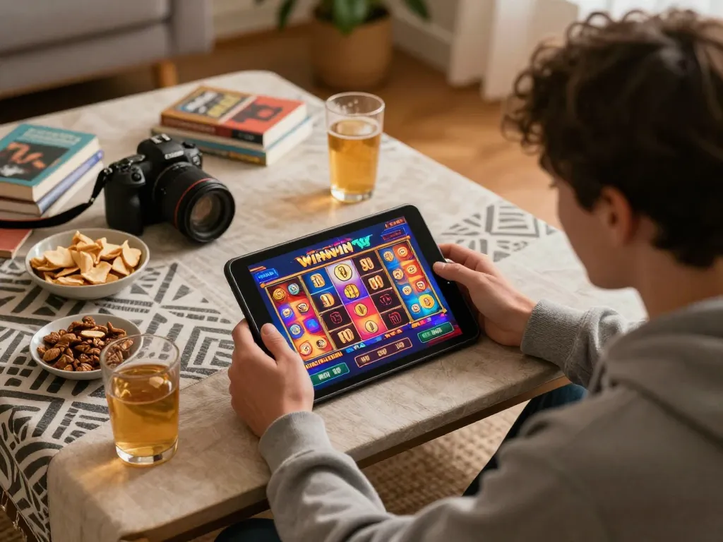 Player enjoying WinWin online slots on a tablet at home, showcasing a vibrant gaming atmosphere.