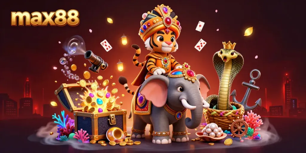 Engage with max88 in a vibrant 3D illustration featuring a majestic tiger and inviting casino elements.