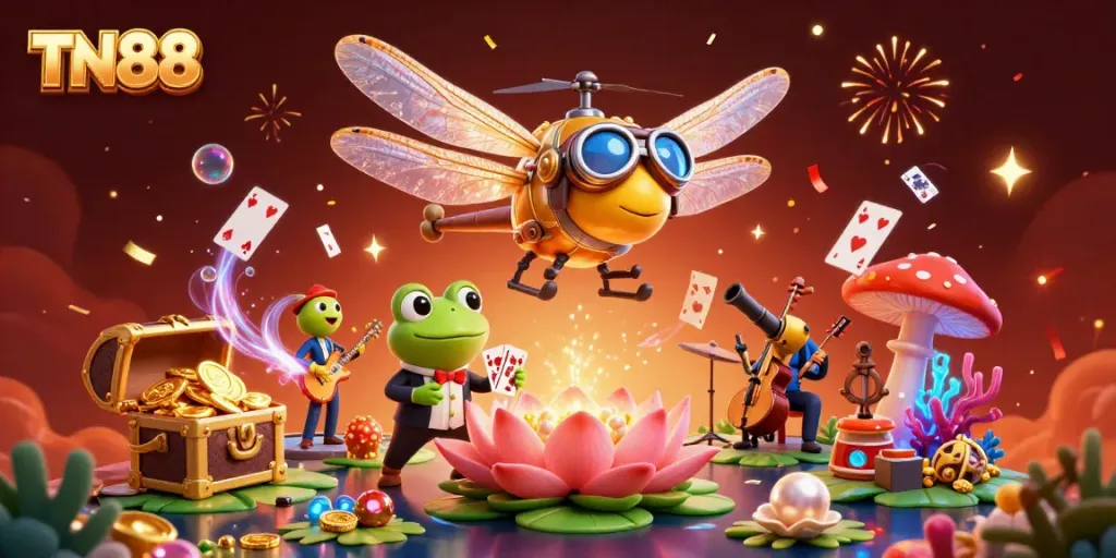 Experience TN88's vibrant casino atmosphere with a dragonfly pilot, frog croupier, and jazz musicians amidst dynamic gaming elements.