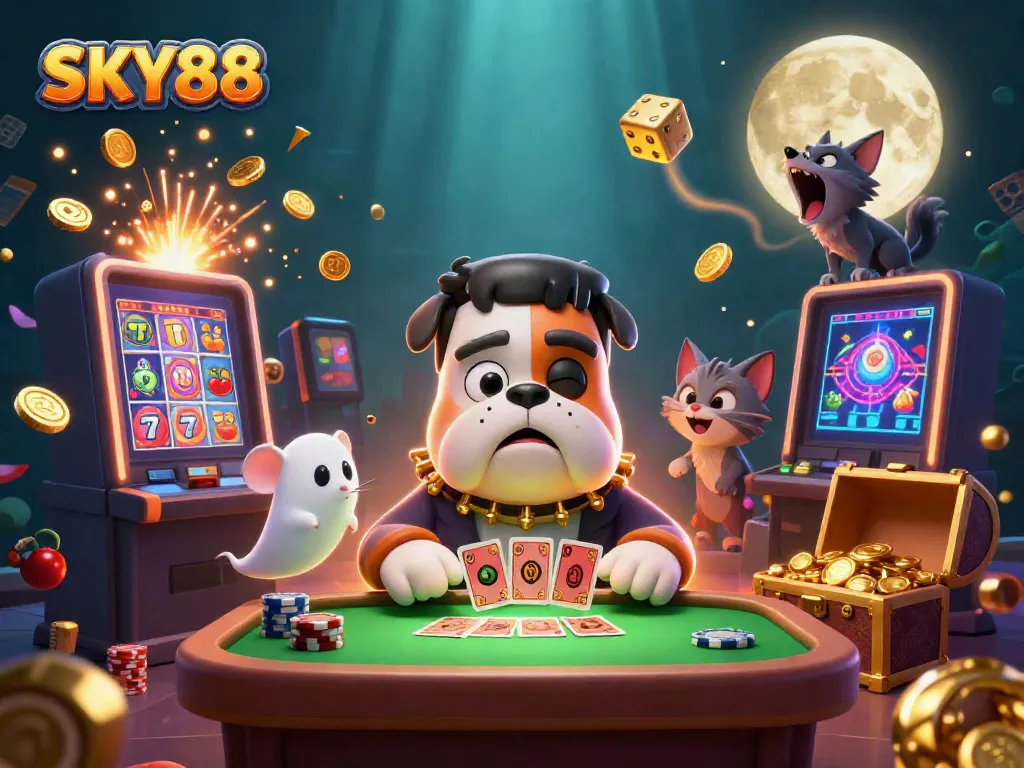 Experience the thrilling atmosphere of SKY88 with a cartoon monster dealer at a vibrant casino.