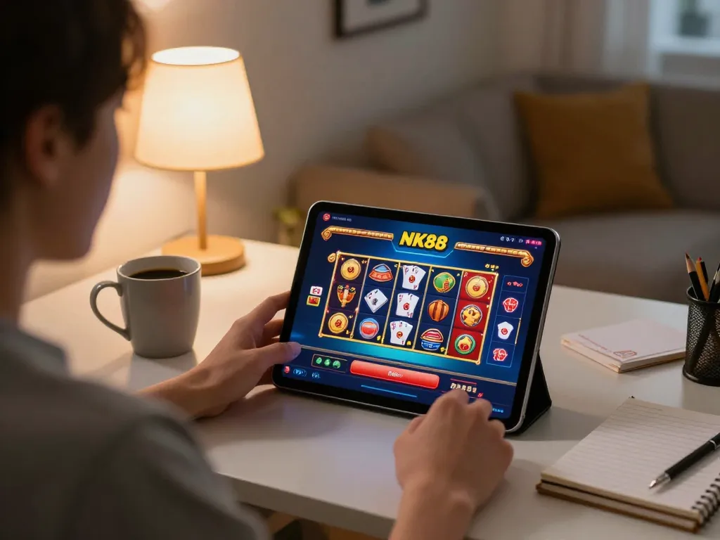 Engaging in NK88 online gaming at home, showcasing immersive casino tablet interface.