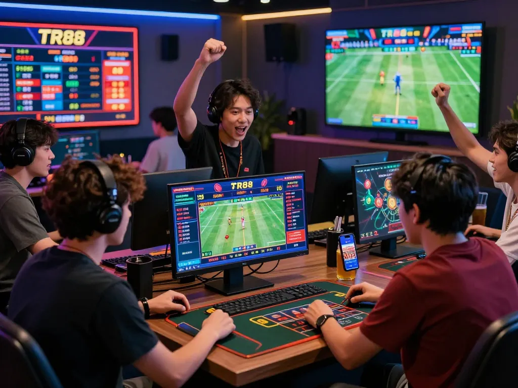 Engaging online gaming atmosphere with players betting on TR88, showcasing live sports events and exciting casino graphics.