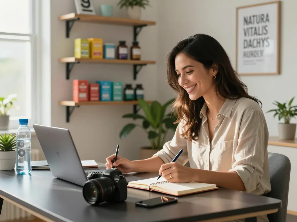 Natura Vitalis Erfahrungen showcased in a vibrant home office where a health consultant reviews products while engaging with clientele.