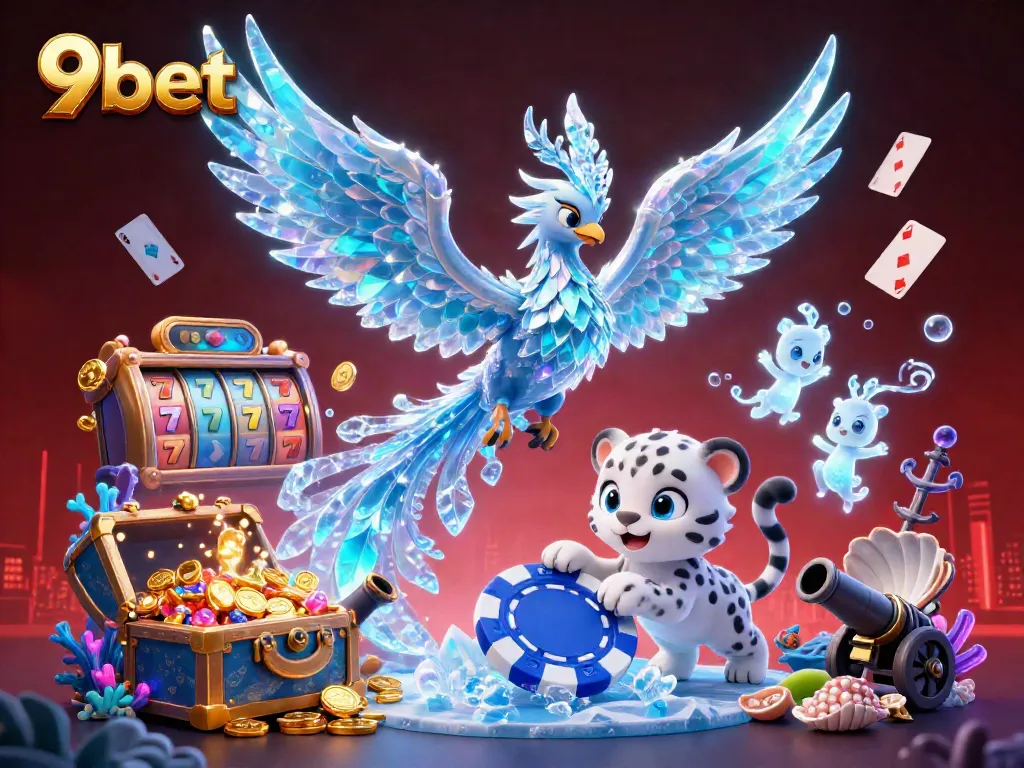 Engage with exciting casino gaming at 9bet featuring an ice phoenix and playful snow leopard.