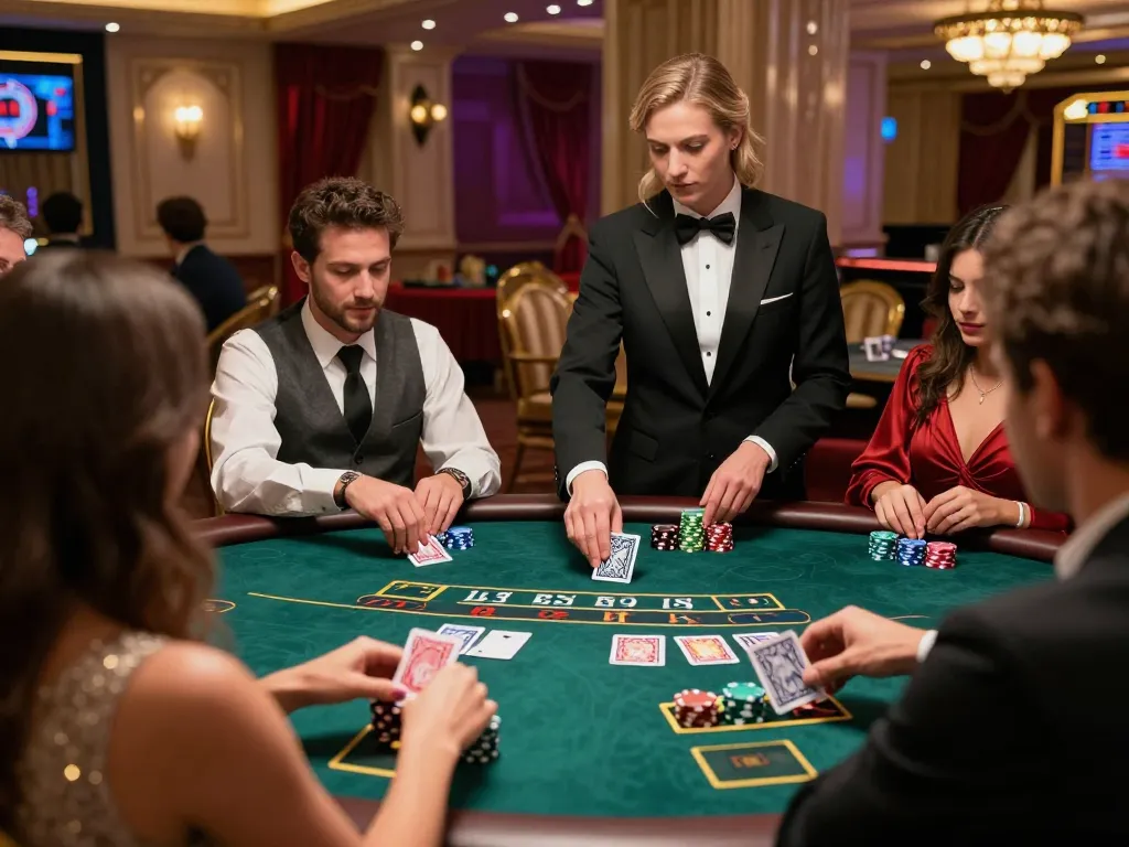 Action at https://98winn.net/ blackjack table with players focused on gameplay and dealer's expertise.