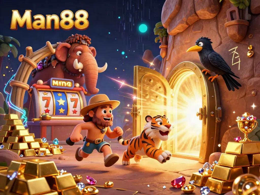 Win big with Man88 at a vibrant prehistoric casino featuring a caveman, sabertooth tiger, and glowing treasures.