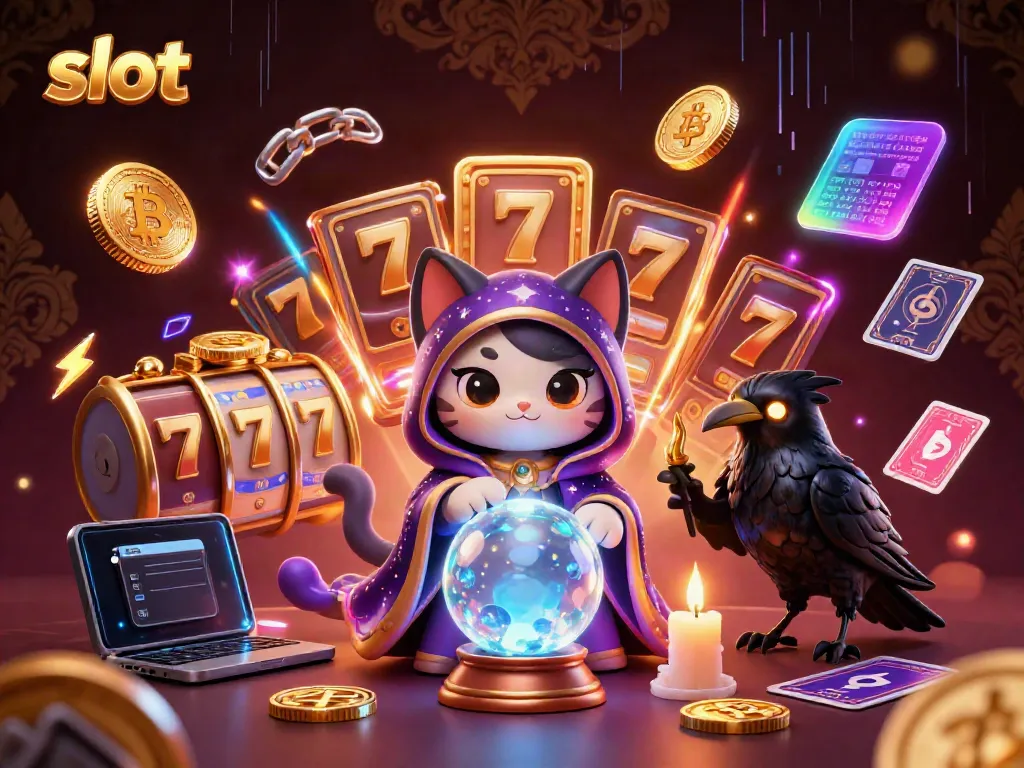 Experience thrilling slot gameplay with a mystical cat and raven in a vibrant 3D illustration.