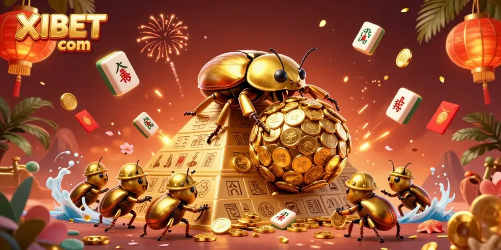 Experience the thrilling XIBET com world with a golden beetle and coins in casino wonders.