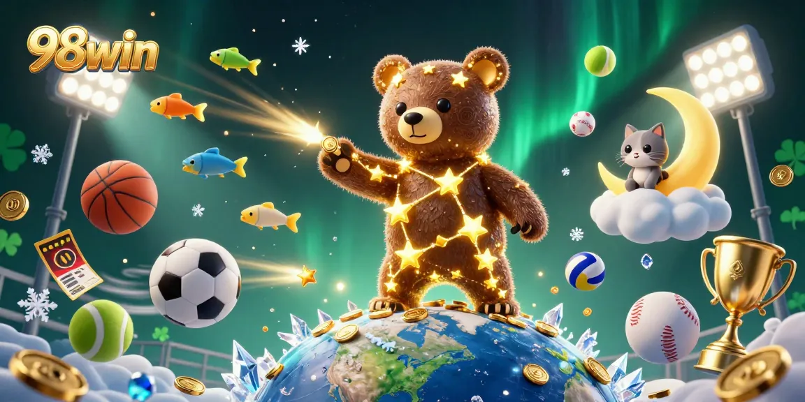 Experience the excitement of 98win, with golden coins and dynamic sports elements flying around cartoon characters in a magical casino scene.