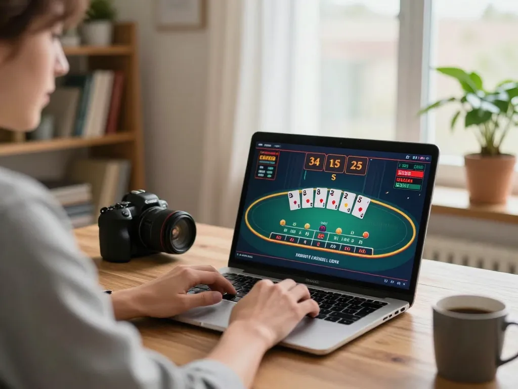 Engaged user plays live baccarat at Nhà cái V9BET online casino from cozy home setup.