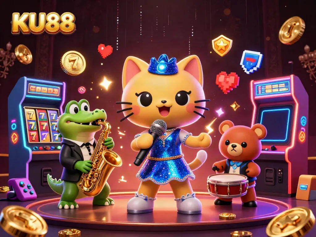 KU88's jackpot excitement captured through a vibrant 3D casino scene featuring lively cartoon characters, slot reels, and electrifying game elements.
