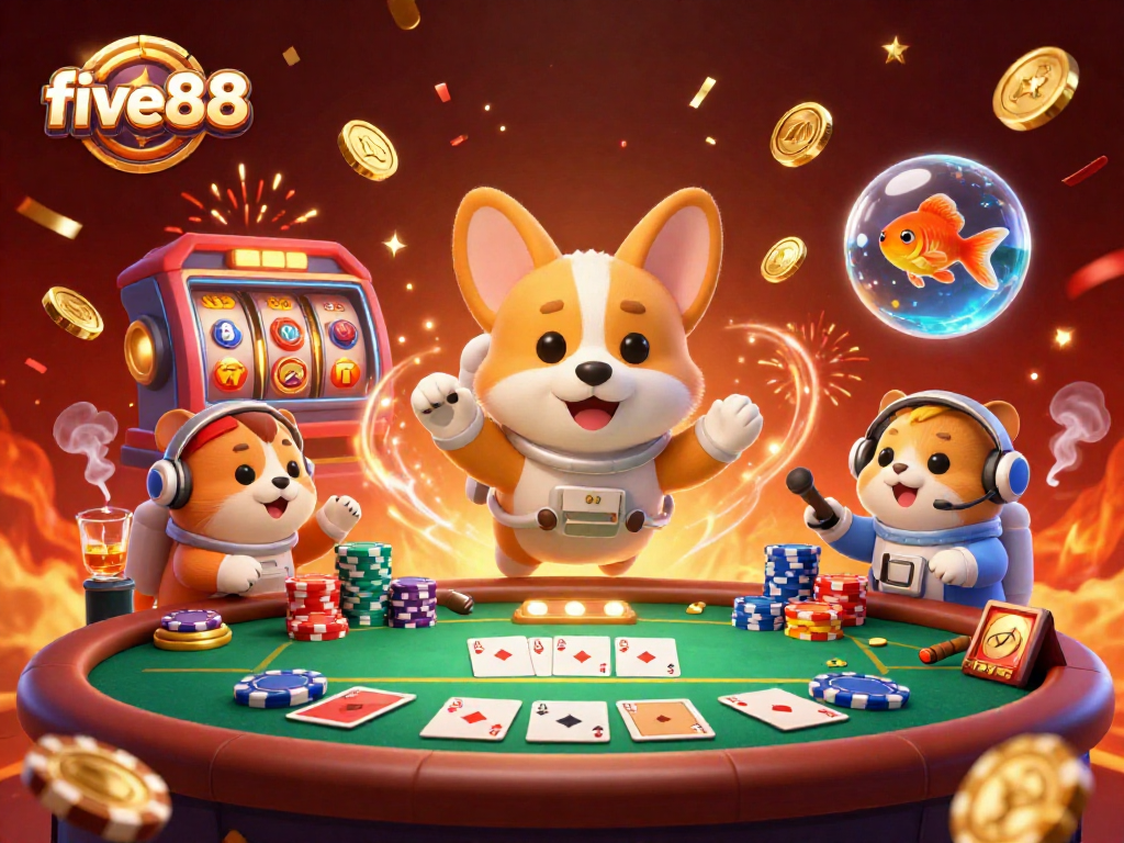 Experience excitement at five88 with colorful slot reels and drifting coins in this vibrant casino scene.