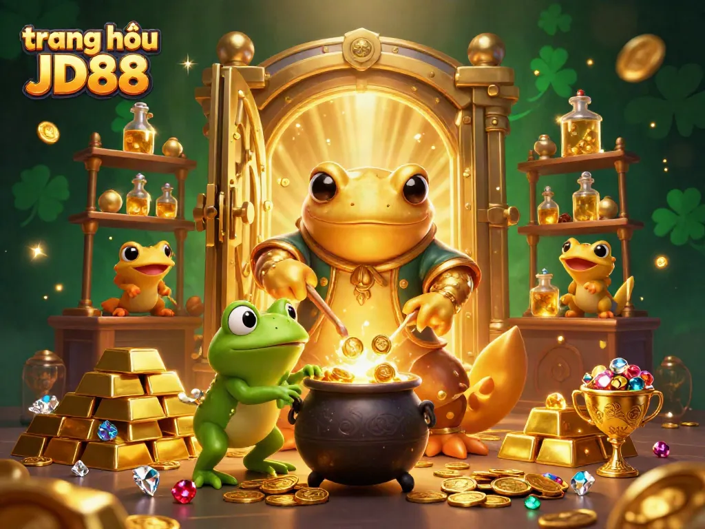 Engage with the stunning illustration of trang chủ JD88, showcasing a golden salamander alchemist transforming metals into coins.